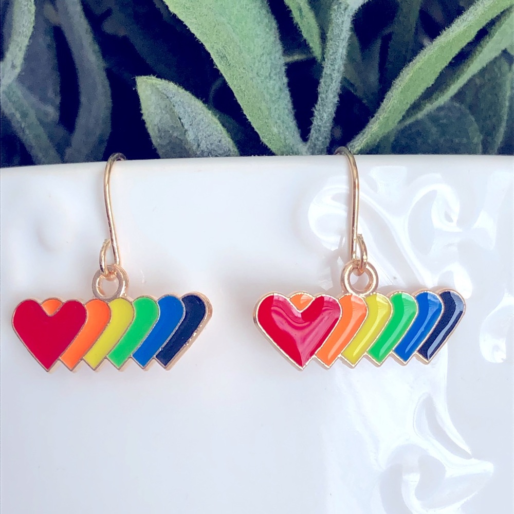 New Rainbow Hearts Enamel Pride Colourful Happy Love Earrings Dangle Drop Gifts